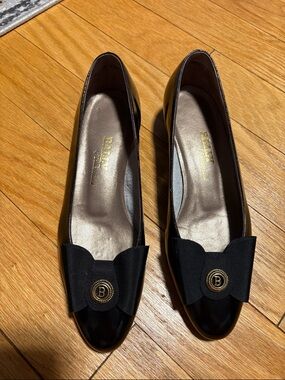 Bally Black Patent Leather Bow-Accent Ballet Flats with Gold Emblem